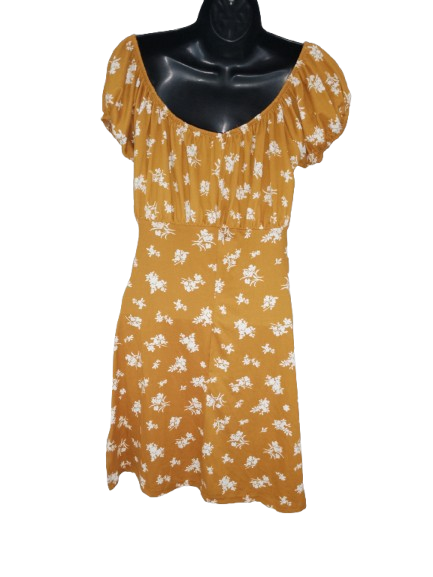 Mustard & Cream Short Sleeve Dress with Slits - L