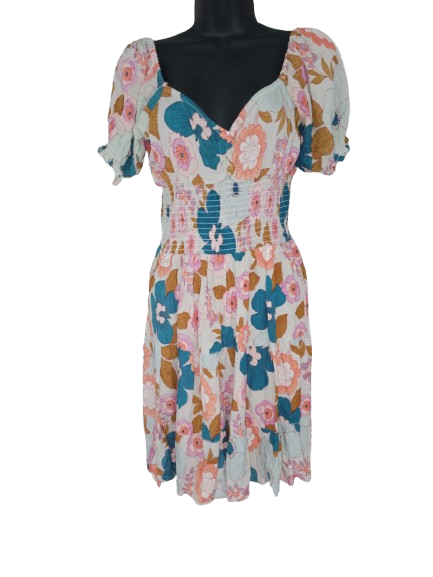 Multicoloured Floral Print Short Sleeve Dress - M