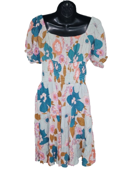 Multicoloured Floral Print Short Sleeve Dress - M