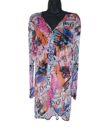 Multicoloured Sheer Abstract Print Long Sleeve Coverup Dress - L