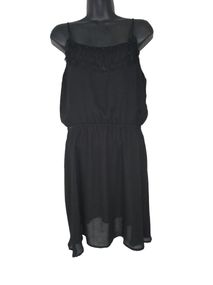 Black Spaghetti Strap Dress with Embroidered Embellishment - L