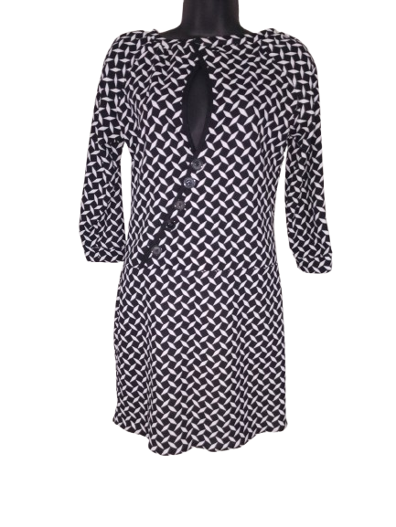 Black & White Geometric Print 3/4 Sleeve Dress - M