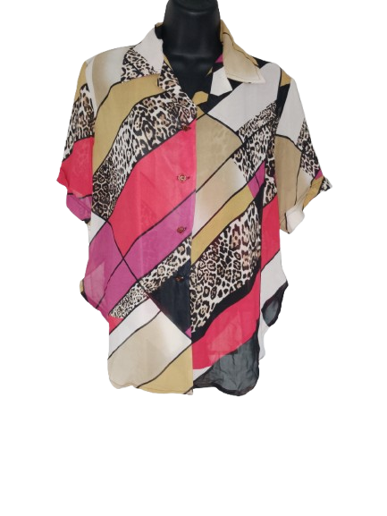 Multicoloured Print Sheer Short Sleeve Shirt - L