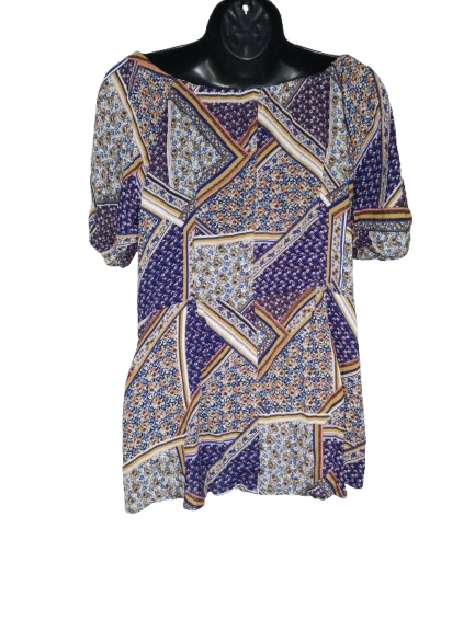 Blue Mustard & Cream Short Sleeve Top - L