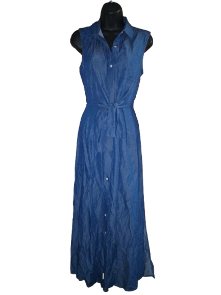 Blue Soft Denim Sleeveless Button-Up Maxi Dress - S (6)