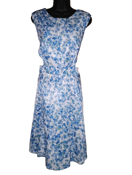 Blue & White Floral Print Sleeveless Dress with Cutouts- XL