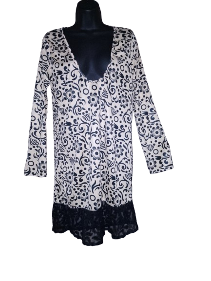 Cream & Black Abstract Print Long Sleeve Dress - XL