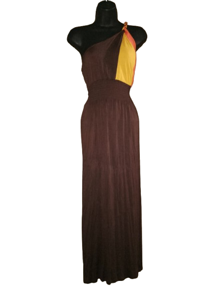 Brown, Orange & Yellow One Shoulder Maxi Dress - 1XL