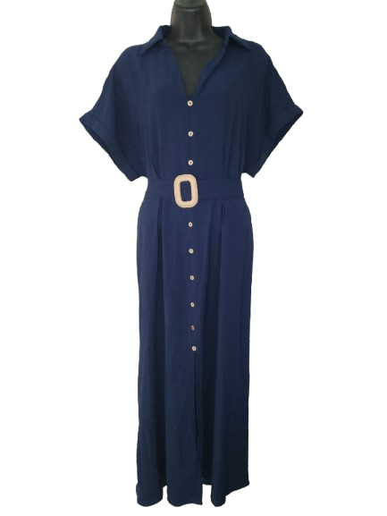 Dark Blue Short Sleeve Long Dress with Pockets - XL