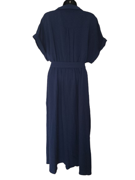 Dark Blue Short Sleeve Long Dress with Pockets - XL