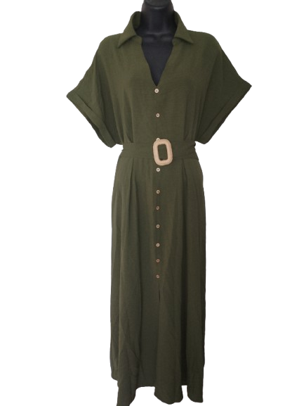 Olive Green Short Sleeve Long Dress with Pockets - XL