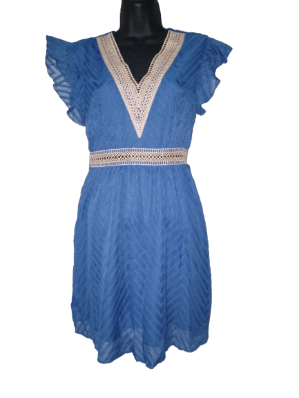 Blue Frill Sleeve Dress with Cream Embroidered Neckline & Waistline - S