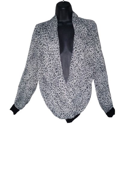 Black & Grey Leopard Print Long Sleeve Bodysuit - L