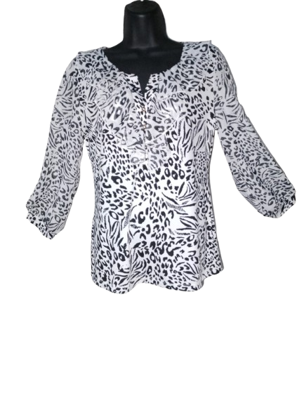 Black & White Animal Print 3/4 Sleeve Blouse with Ruffle Collar - M