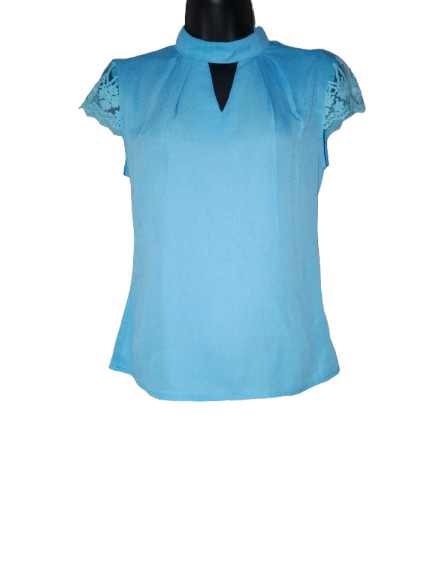 Blue Embroidered Cap Sleeve Top - S