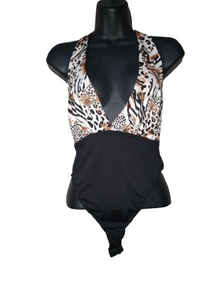 Brown, Cream & Black Halter Bodysuit - M