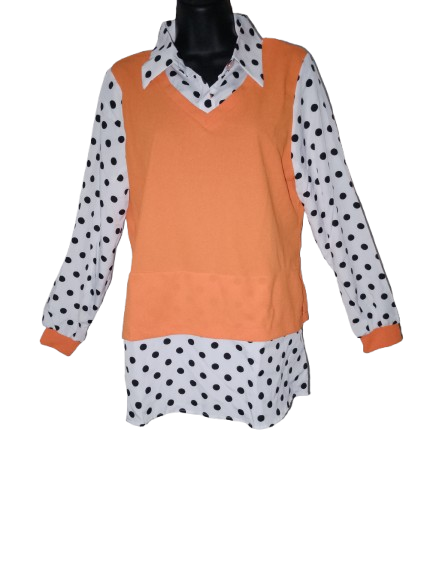 Orange, Black & White Polka dot Long Sleeve Top - XL