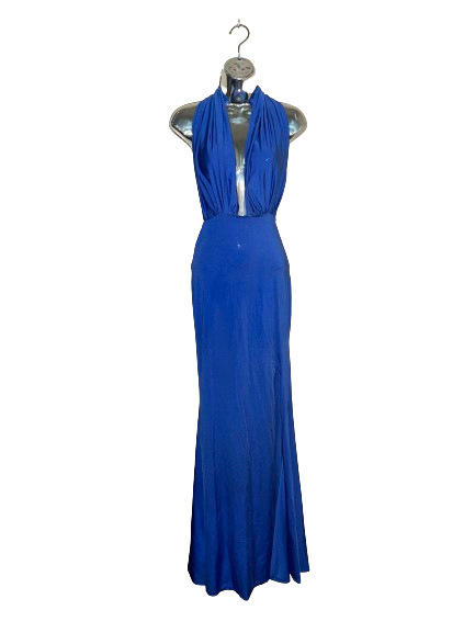 Blue Long Halter Dress with Black &amp; White Detail and Slit - S