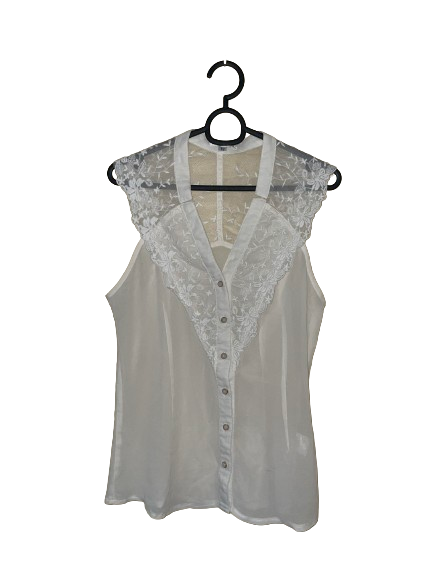Ivory Sheer Sleeveless Top with Lace Detail - M