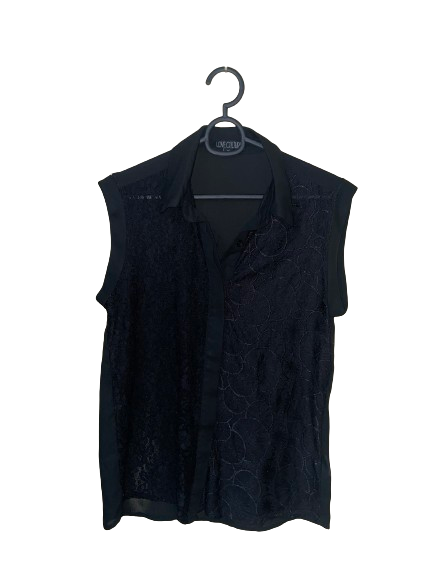 Black Sheer Sleeveless Top with Lace Detail - M