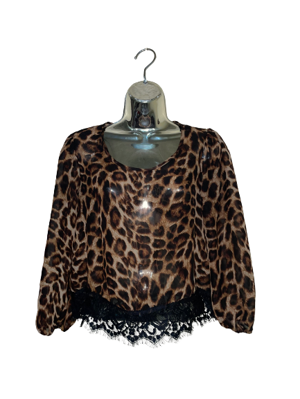 Brown &amp; Black Leopard Print Sheer 3/4 Sleeve Top - M