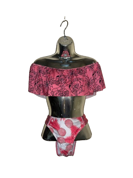 Pink &amp; White Floral &amp; Pineapple Off-the-Shoulder Two Piece Swimsuit - L