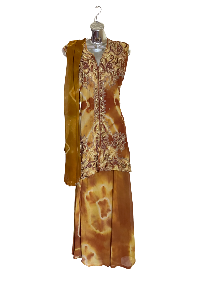 Brown &amp; Yellow Ghagra, Choli &amp; Dupatta - M