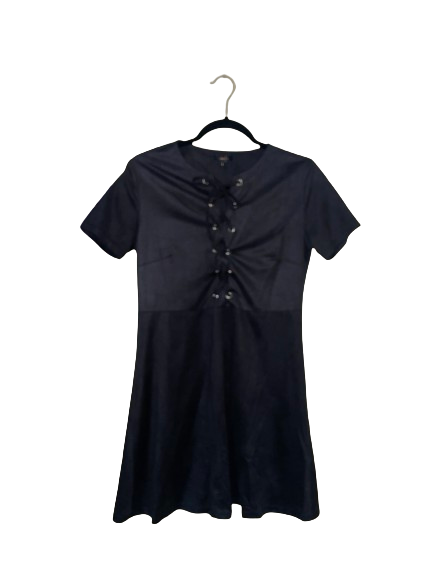Black Short Sleeve Lace Up Flare Dress - M