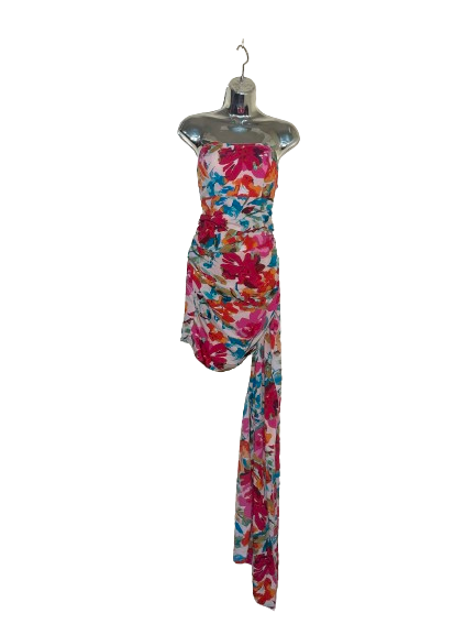 Multicoloured Floral Print Tube Dress with Long Sash - M